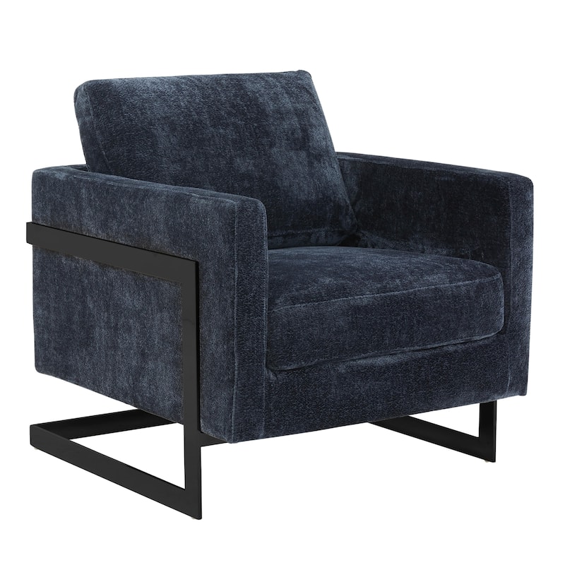 LeisureMod Lincoln Upholstered Accent Armchair with Black Steel Base - Blue