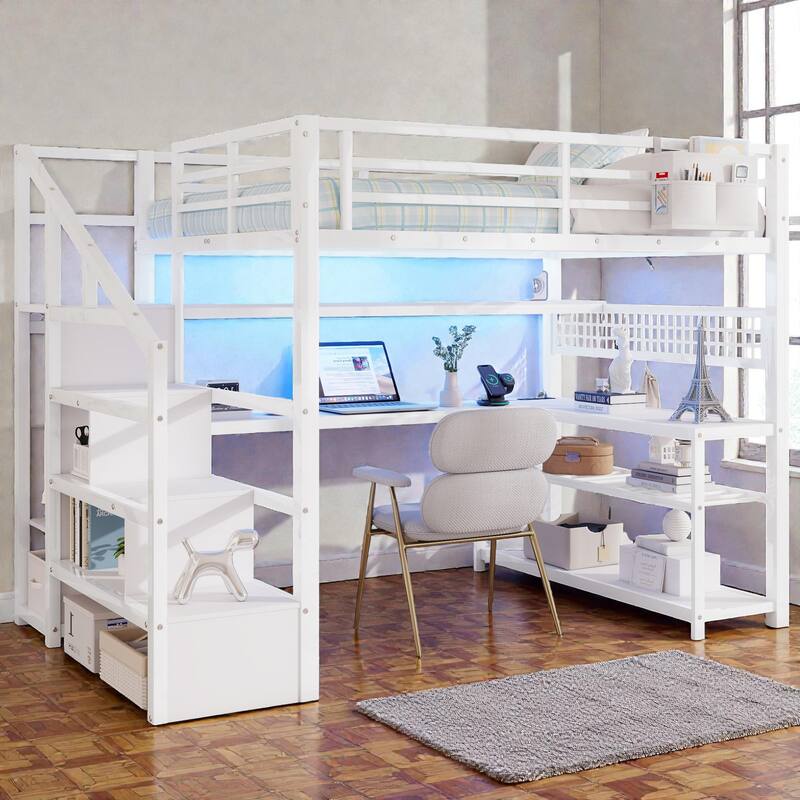 Full Size Metal Loft Bed with Staircase Storage, Wardrobe, Desk, Shelves, LED Lights and Charging Station