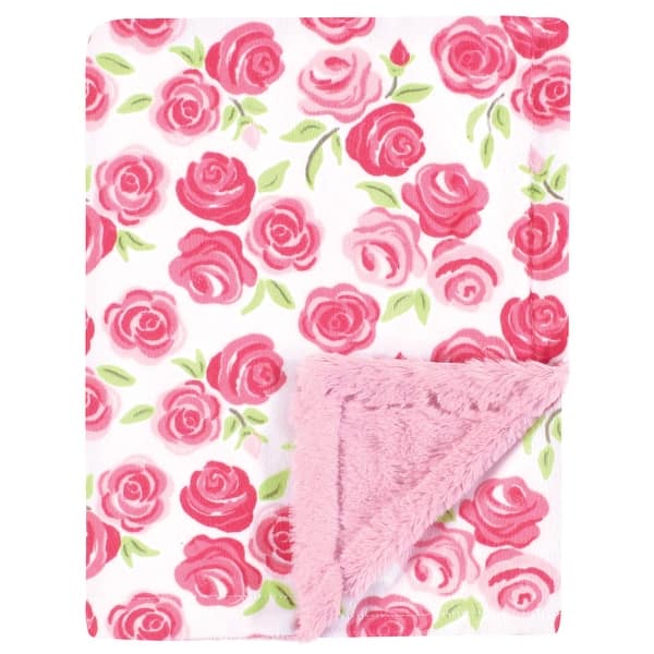 slide 1 of 1, Hudson Baby Girls Plush Blanket with Furry Binding and Back, Pink Roses, One Size - Pink Roses - One Size One Size - Pink Roses
