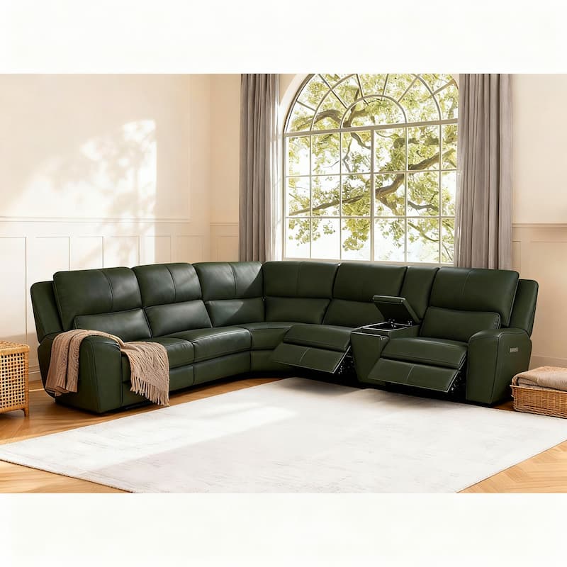 6PCS, 3 power Recliners, Leather Reclining Sectional with Wireless Charge & Pop-Out Cup Holders