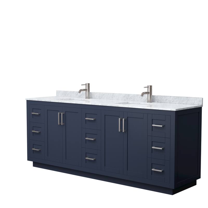 Miranda Double Vanity Set, White Carrara Marble Top, No Mirror - 84-Inch Double - Dark Blue, Nickel Trim, White Carrara Marble Top