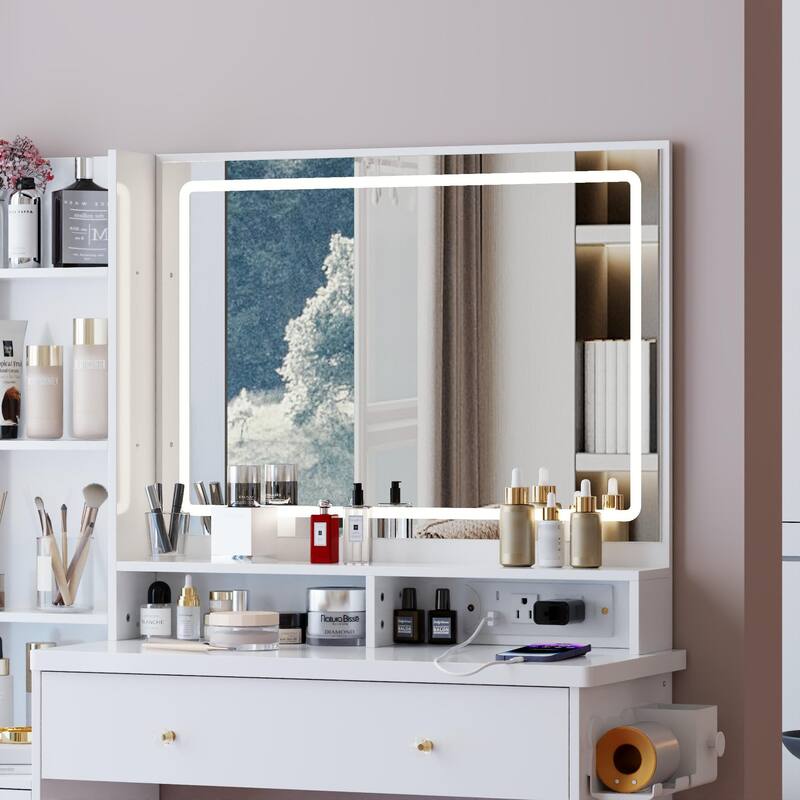 Vanity Desk with Touch Control LED Mirror, Makeup Table with Hair Dryer Stand, Vanity Table Set with Cushioned Stool