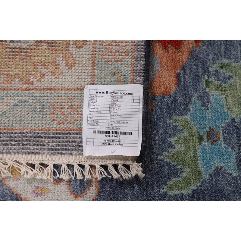 All-Over Blue Floral Oushak Indian Area Rug Hand-Knotted Wool Carpet - 7'11" X 9'9"