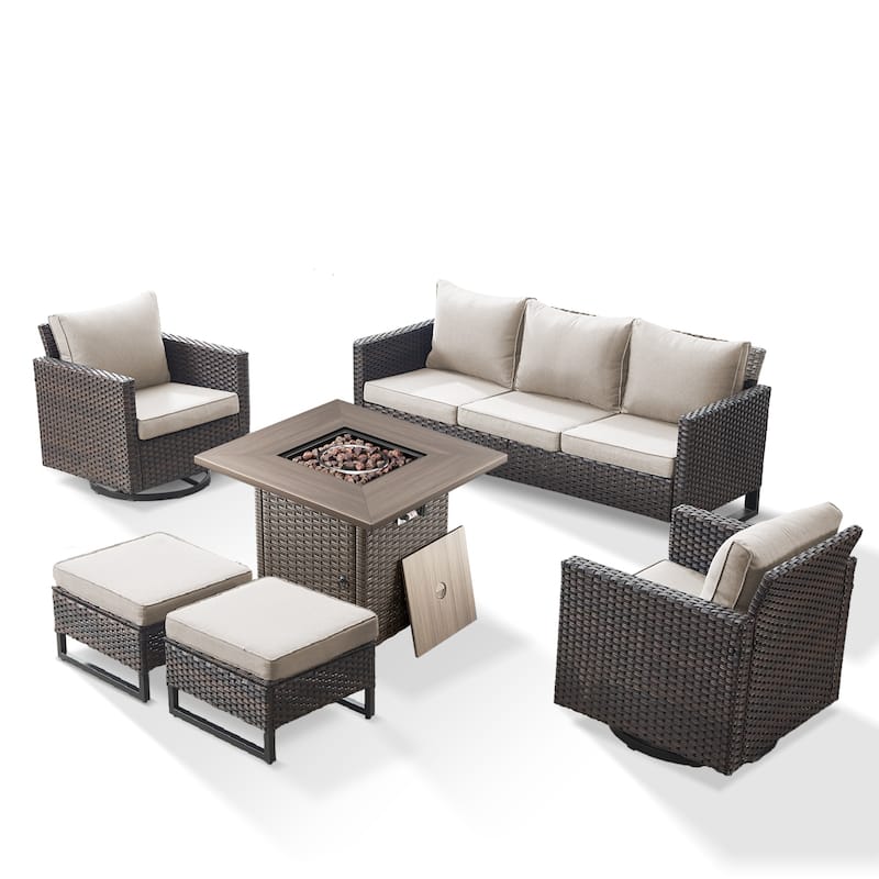 6 Pieces Fire Pit Table with Sofa Swivel Chair Ottoman Set
