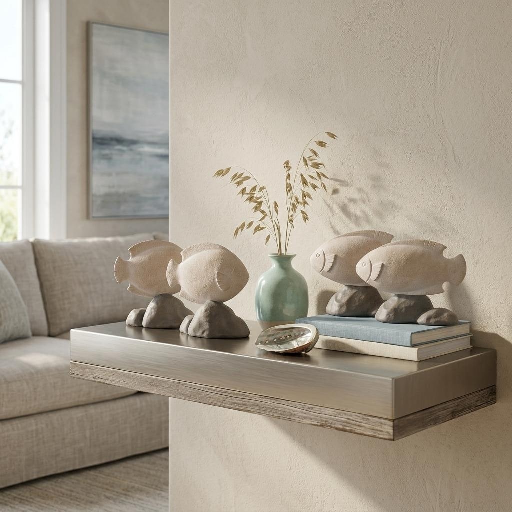 HomeRoots Set of Four Beige And Gray Polyresin Fish Figurines - 5.75 in. x 5.50 in. x 2.25 in.