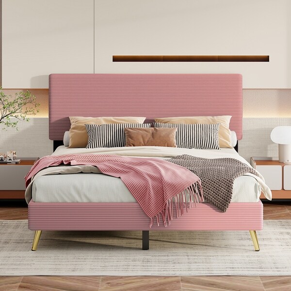 Queen Platform Bed with Horizontal Stripe Headboard, Pink