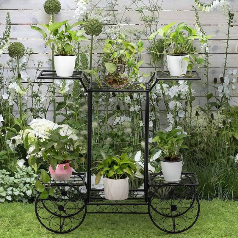 Zimtown Paint Iron Car Shape 6 Plant Stand Black