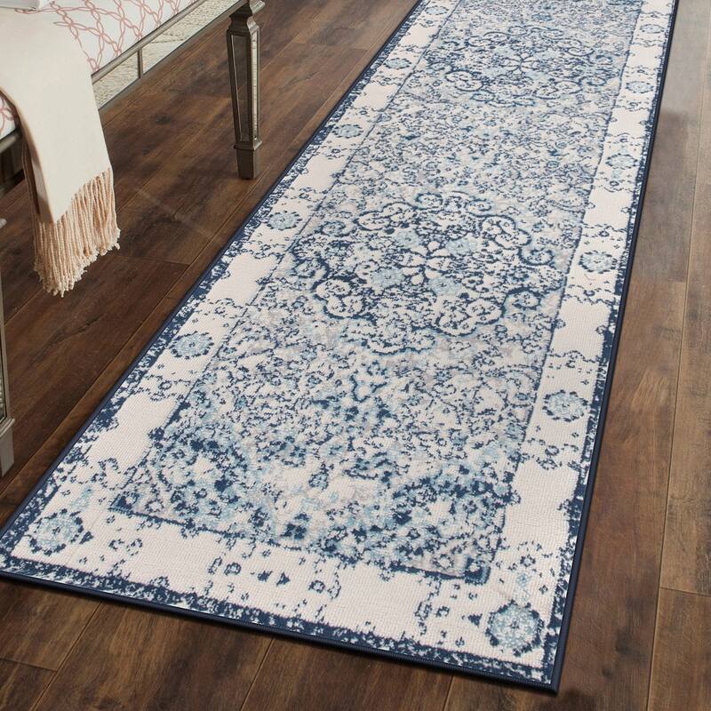 World Rug Gallery Vintage Oriental Distressed Medallion Rug - 2' x 7' - Blue - Runner