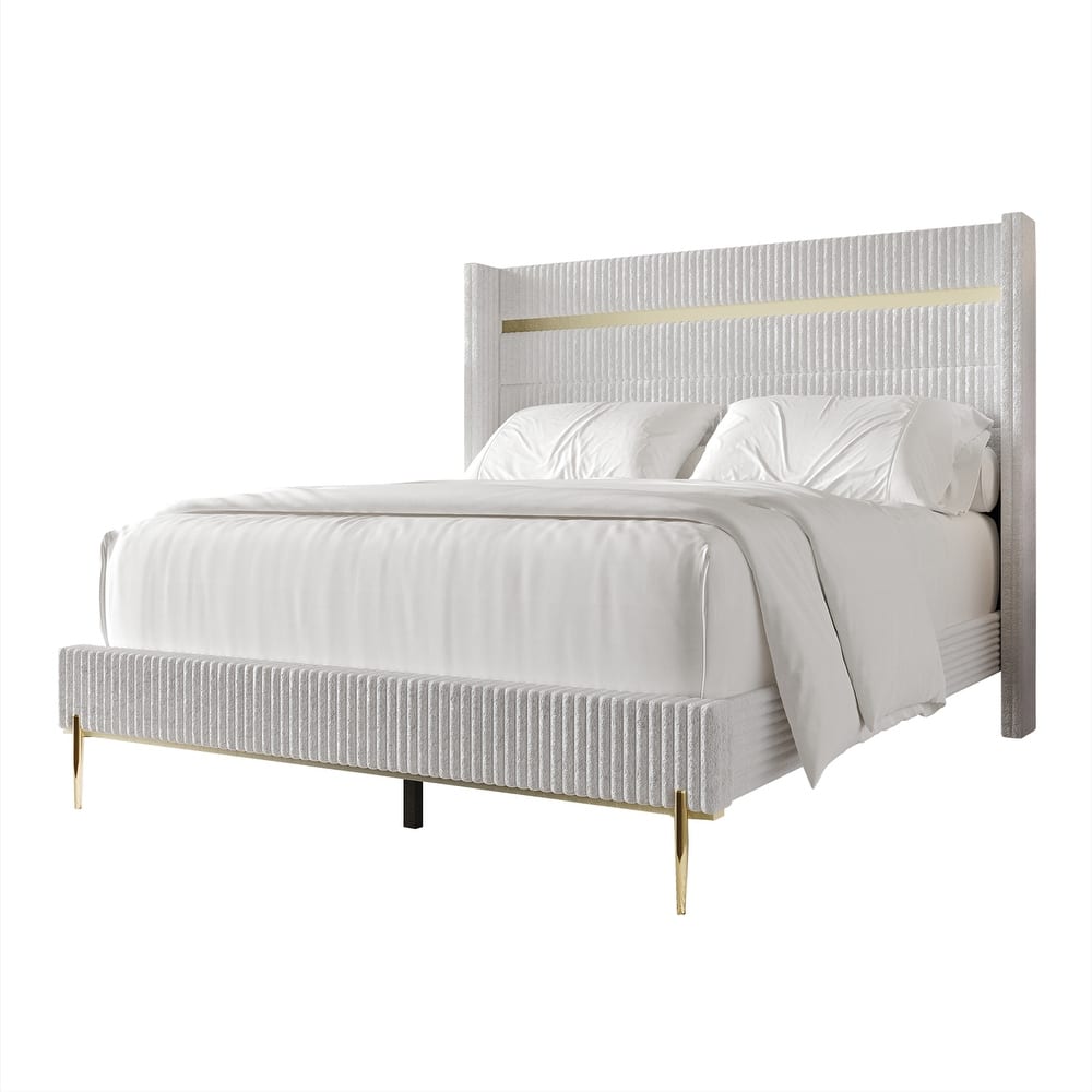 CraftPorch Corduroy Luxurious Gold PU Strip Wingback Velvet Upholstered Bed