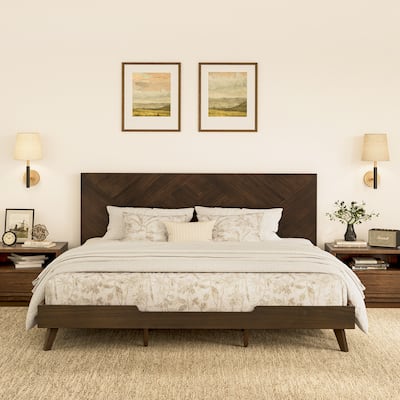 Mid-century Modern Solid Wood Bed Frame with Headboard