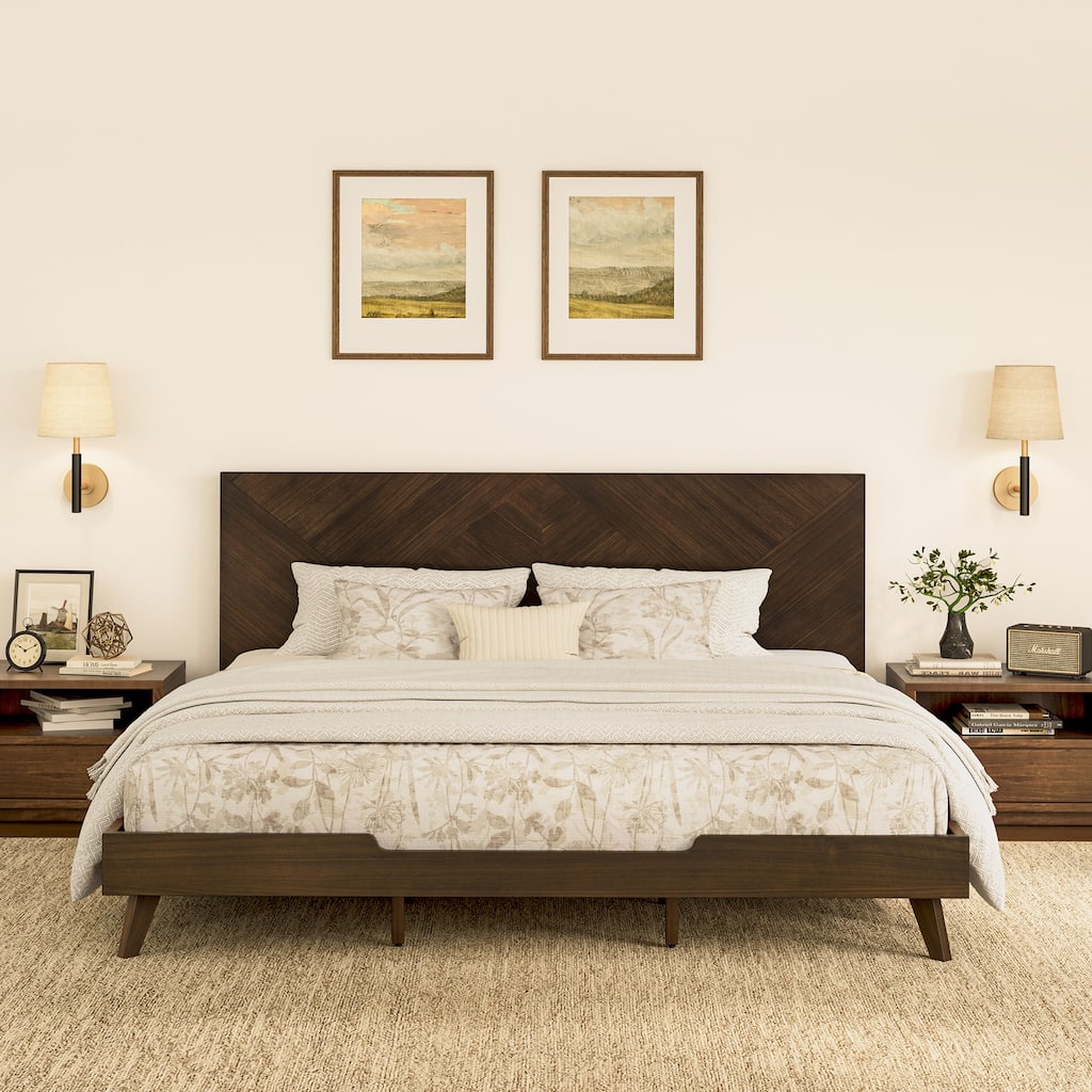 Mid-century Modern Solid Wood Bed Frame with Headboard