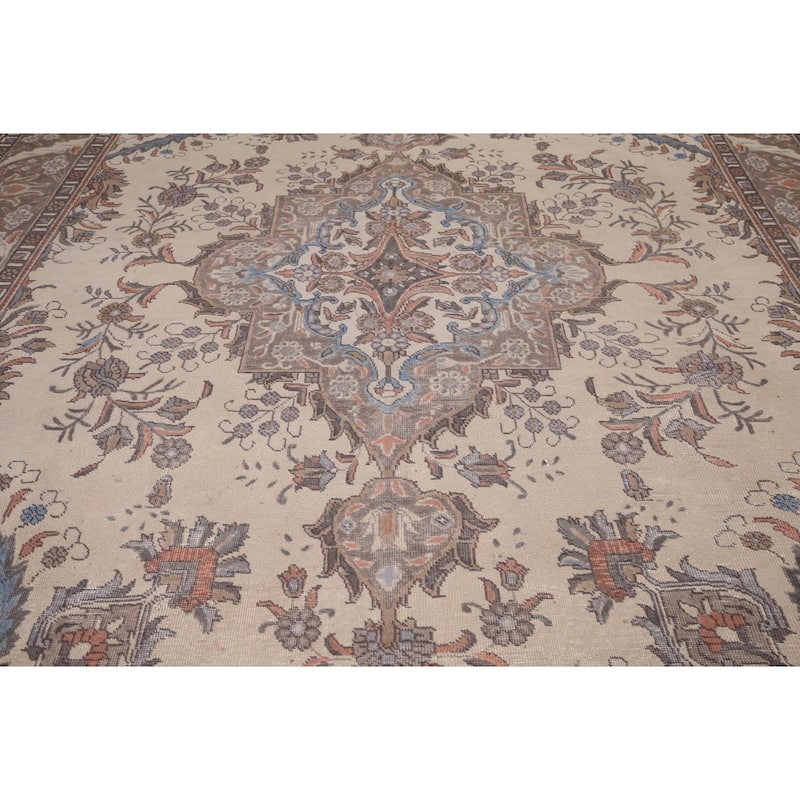 Beige Tabriz Vintage Persian Area Rug Handmade Wool Carpet - 9'6" x 12'7"