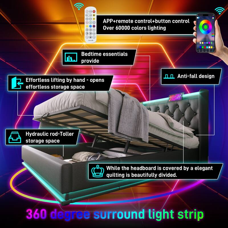 Queen Size Platform Bed Underbed Storage Bed with Wingback Tufted Headboard, USB and 360 Surround LED Strip, PU Upholstered