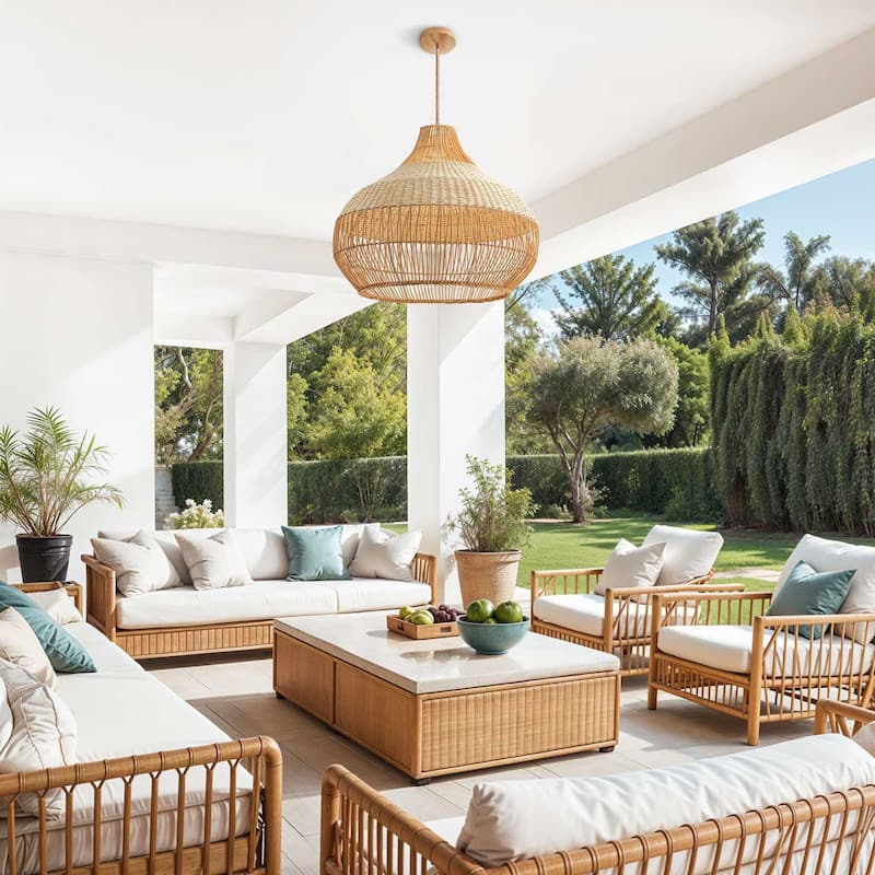 Beatrice Outdoor Rattan Pendant Light - Brown Large Dome 1-Light Handwoven Hanging Light For Coastal, Tropical, Boho Room Decor