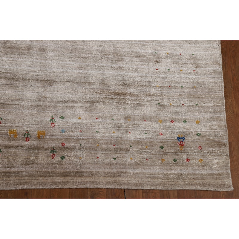 Light Brown Gabbeh Oriental Area Rug Hand-Knotted Silk Carpet - 8'11" x 11'10"
