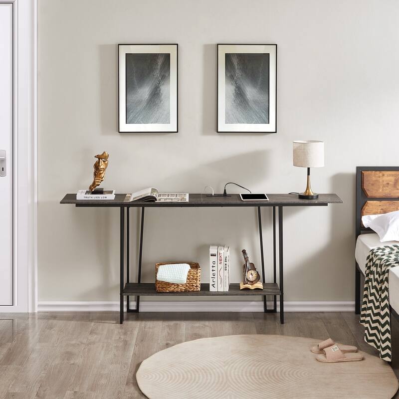 Console Table with Outlets for Entryway, Sofa Table with Wood Shelves, Industrial Entryway Table Foyer Table