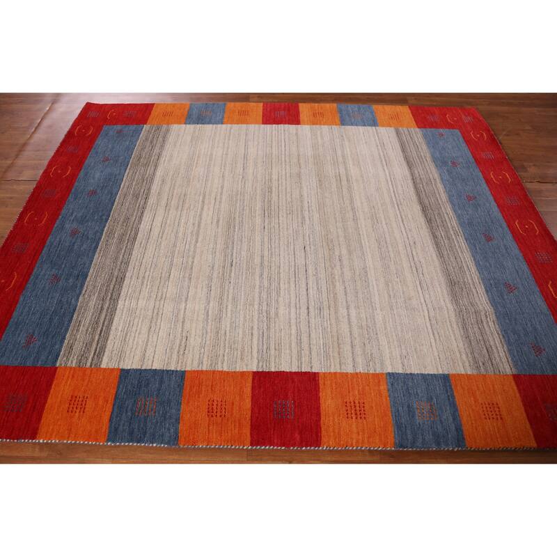 Hand Knotted Oriental 100% Wool Carpet Tribal Bordered Beige & Ivories Gabbeh Area Rug - 7' 11'' X 6' 6''