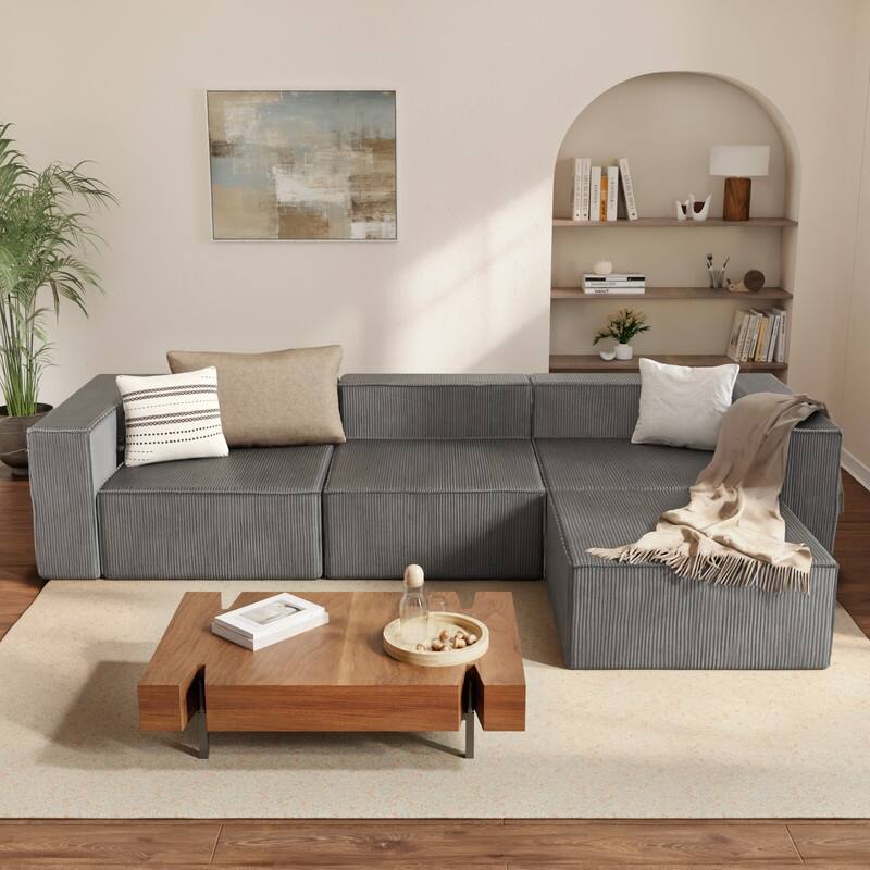 Module Corduroy Compression with Ottoman Sofas - Gray Corduroy