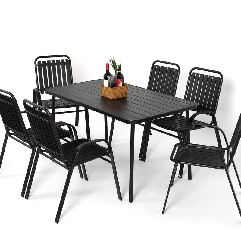 7 Pieces Patio Dining Set with Plastic Chairs and Steel Table