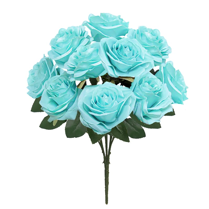 Set of 2 Artificial Queen Rose Flower Stem Bush Bouquet 18in - 18" L x 11.5" W x 11.5" DP - Tiffany Blue
