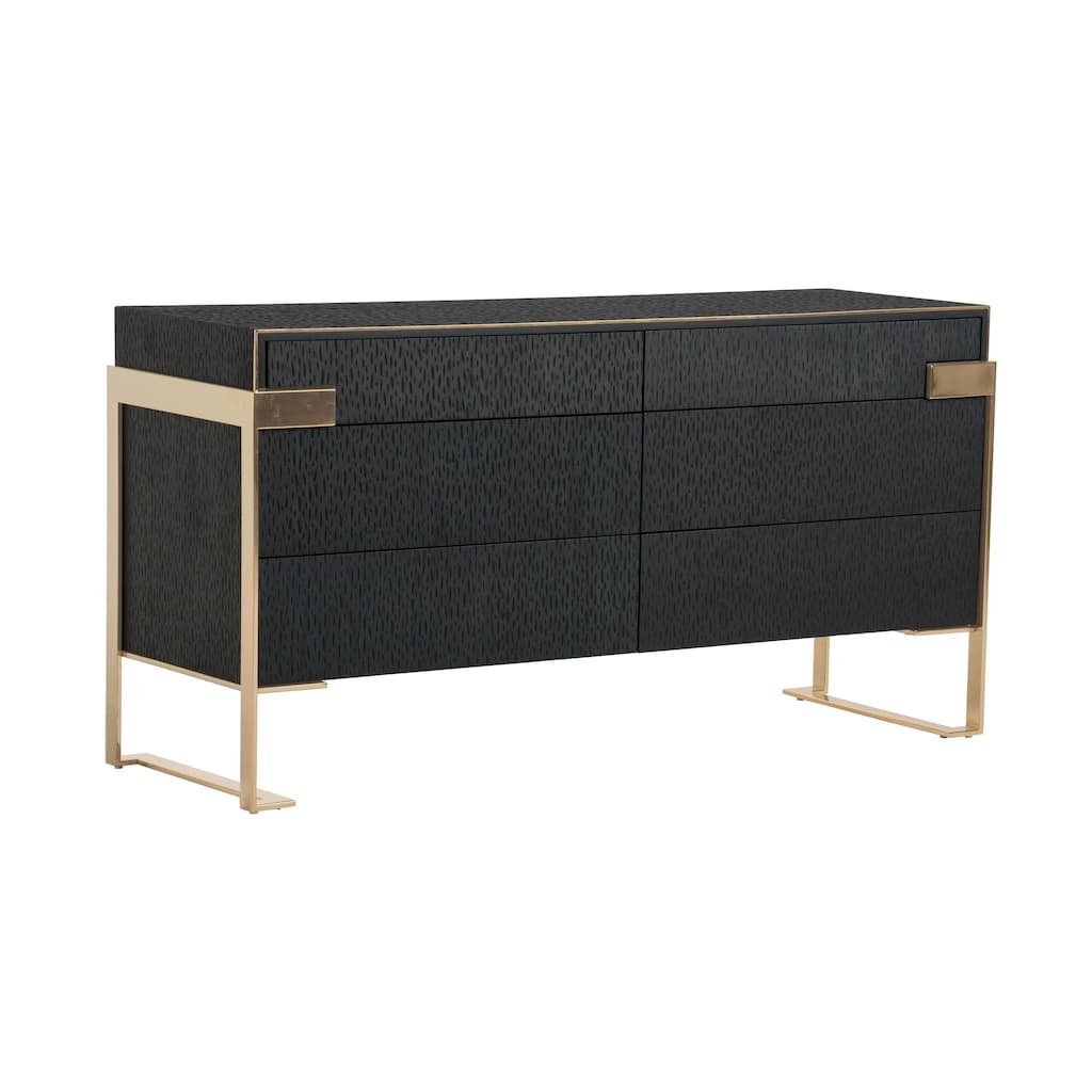 Cid Ruth 60 Inch Dresser, 6 Drawers, Wenge Brown Oak Veneer, Gold Steel