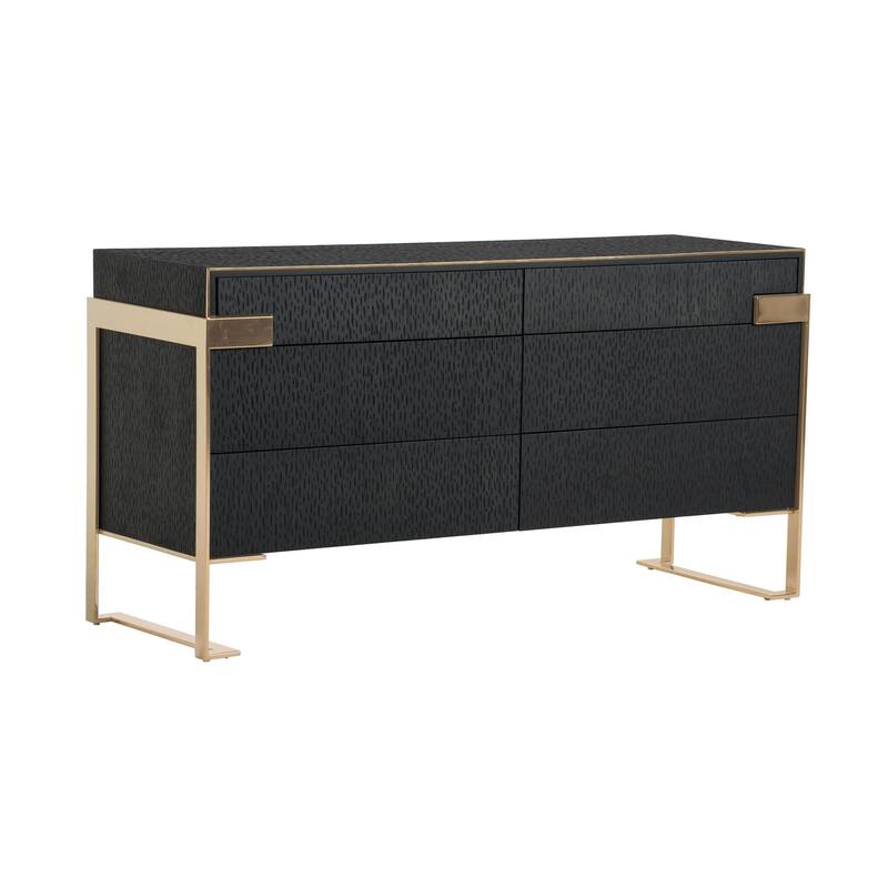 Cid Ruth 60 Inch Dresser, 6 Drawers, Wenge Brown Oak Veneer, Gold Steel