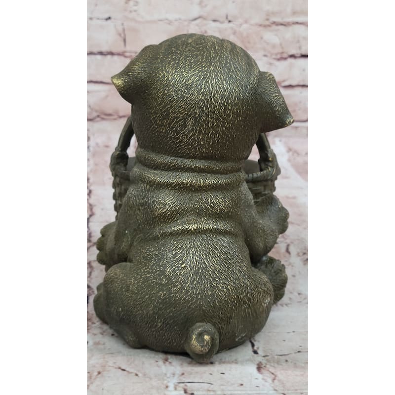 Bronze Pug Puppy Holding Woven Basket – Dog Figurine