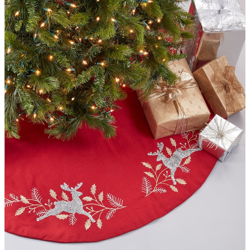 Christmas Tree Skirt With Embroidered Reindeer Design