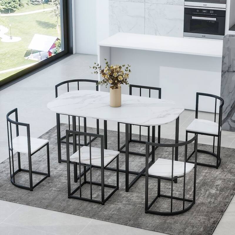 Modern 7-Piece Dining Table Set with Faux Marble Compact