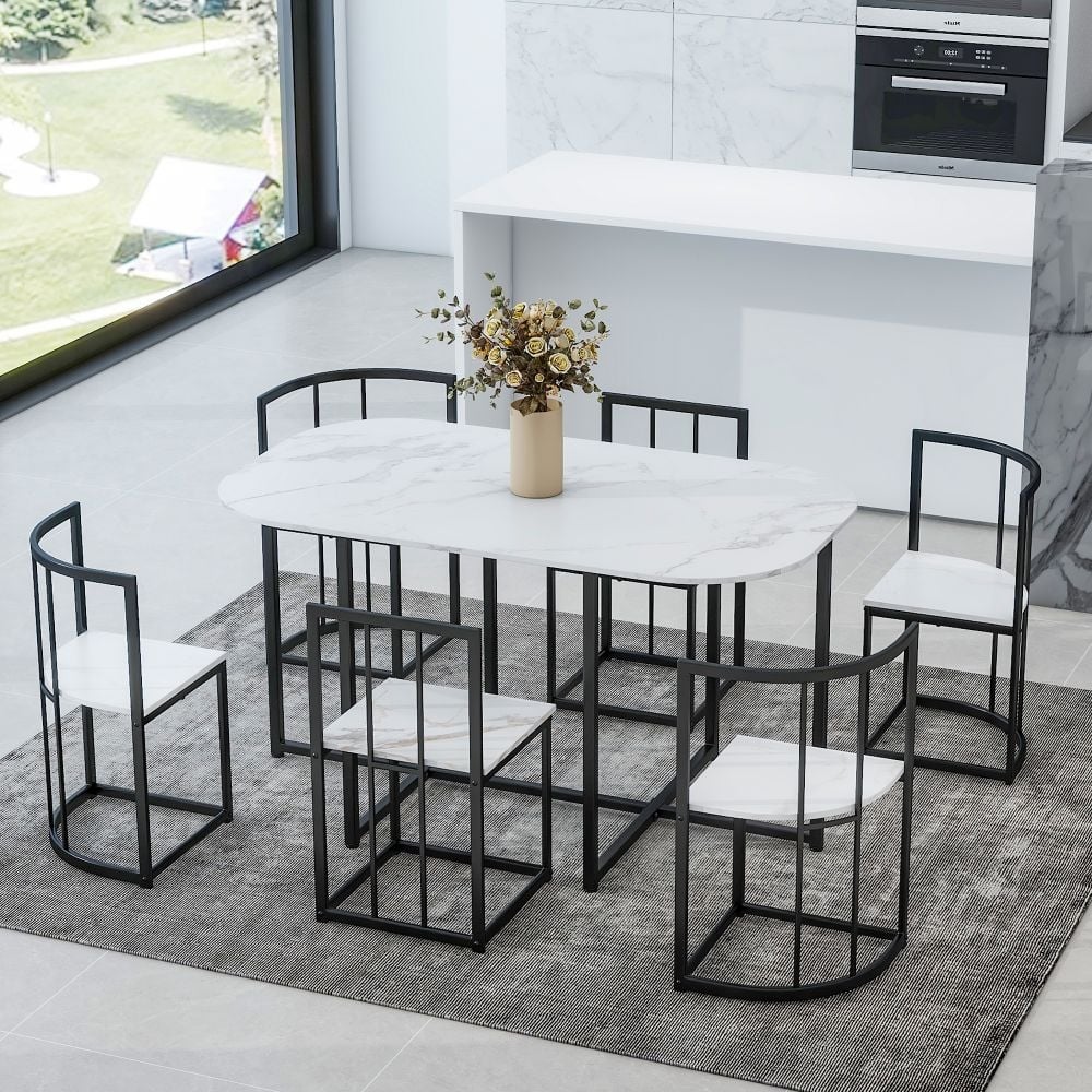 Modern 7-Piece Dining Table Set with Faux Marble Compact