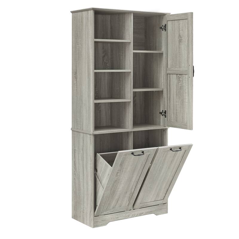Roomfitters 68" Tall Bathroom Storage Cabinet with Dual Tilt-Out Laundry Hampers, Open Shelves & Adjustable Storage