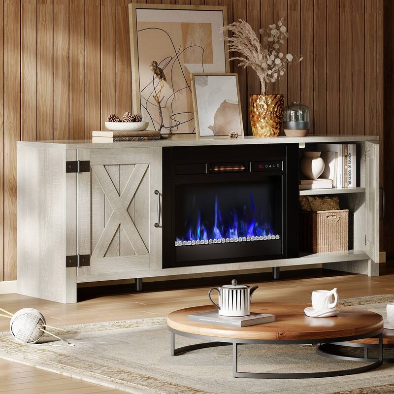 63'' Fireplace TV Stand with Electric Fireplace Heater & Storage Cabinet for TVs up to 70 Inch