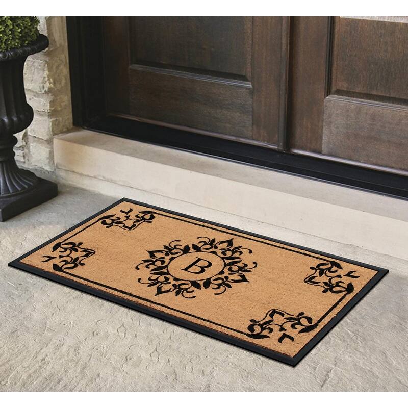 A1HC Floral Natural Coir & Rubber Monogrammed Front Doormat