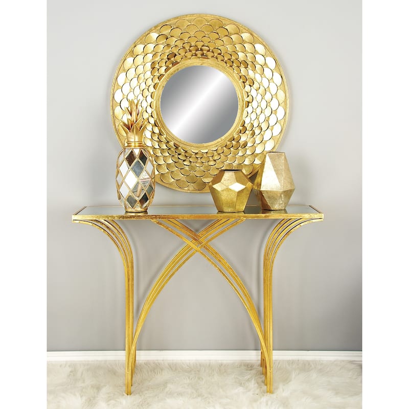 Gold Metal Geometric Console Table with Mirrored Glass Top - Gold