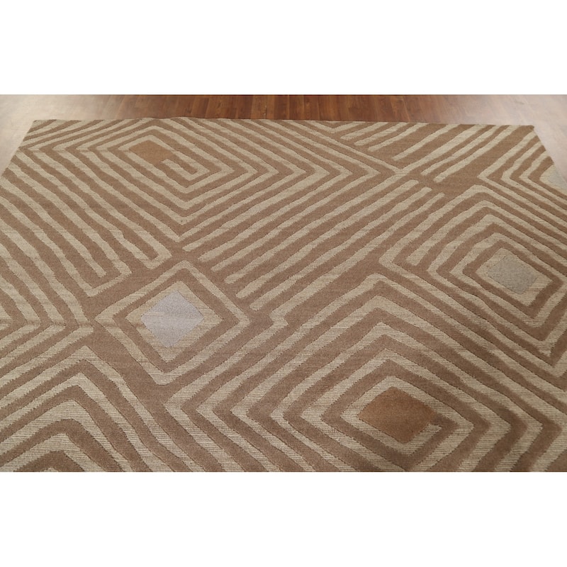 Geometric Modern Area Rug Hand-Knotted Oriental Wool Carpet - 8'11" x 11'8"