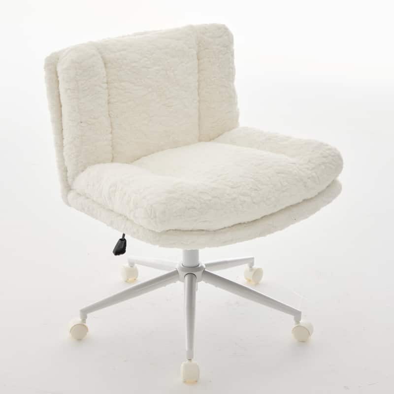 Roomfitters Wide Faux Fur Office Chair, Adjustable Swivel Desk Chair with White Metal Base, Cozy Upholstered Vanity Chair