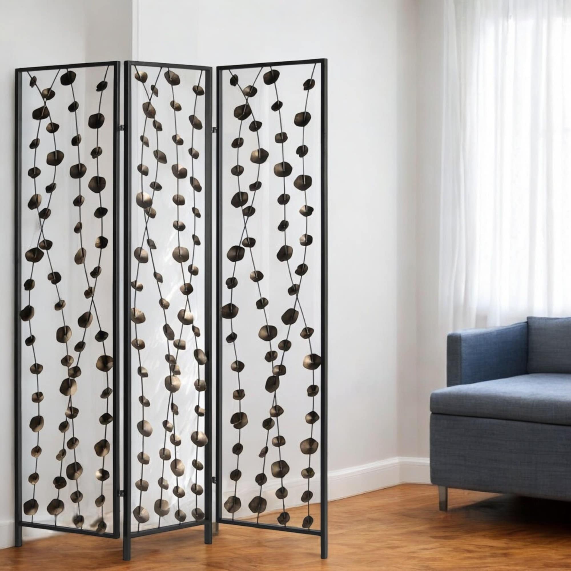 HomeRoots 71" Gray Iron Folding Three Panel Screen Room Divider - 48' X '71' X '1