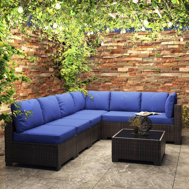 Patio Funiture Set 7 Pieces Outdoor Rattan with Detachable Soft Cushions Patio Conversation Sets