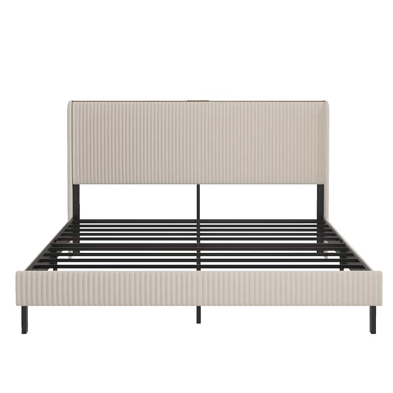 Beige Velvet Platform Bed Frame with Charging Station(Full/Queen/King）