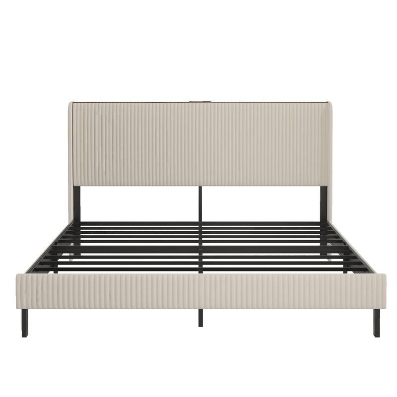 Velvet Upholstered Wingback Platform Bed, Modern Heavy Duty Metal Bed Frame with Charging Station