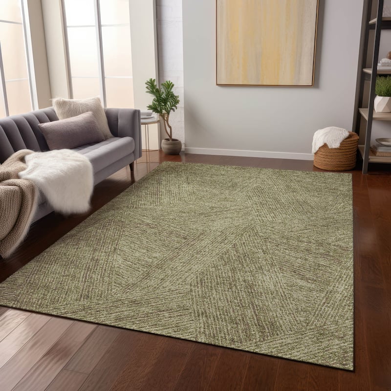 Machine Washable Indoor/ Outdoor Solid Geo Chantille Rug - Green - 5' x 7'6"