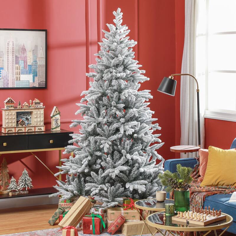 Holiday Decor 7ft Realistic Snow-Flocked Christmas Tree with Foldable Metal Stand, Hinged Xmas Tree for Home, Office, Holiday - Green,White