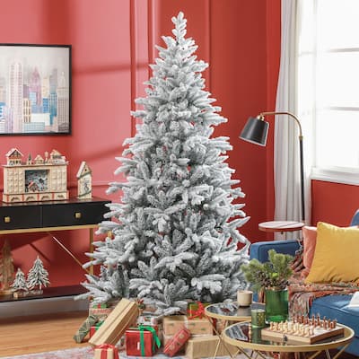 Holiday Decor 7ft Realistic Snow-Flocked Christmas Tree with Foldable Metal Stand, Hinged Xmas Tree for Home, Office, Holiday