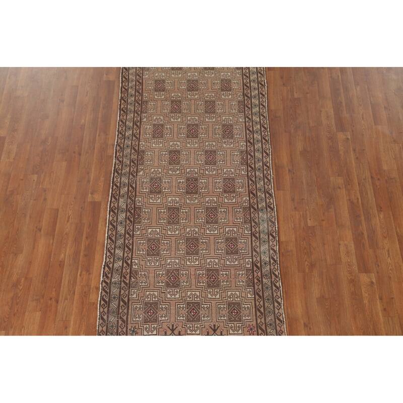 Geometric Balouch Persian Vintage Runner Rug Handmade Wool Carpet - 3'4" x 8'8"