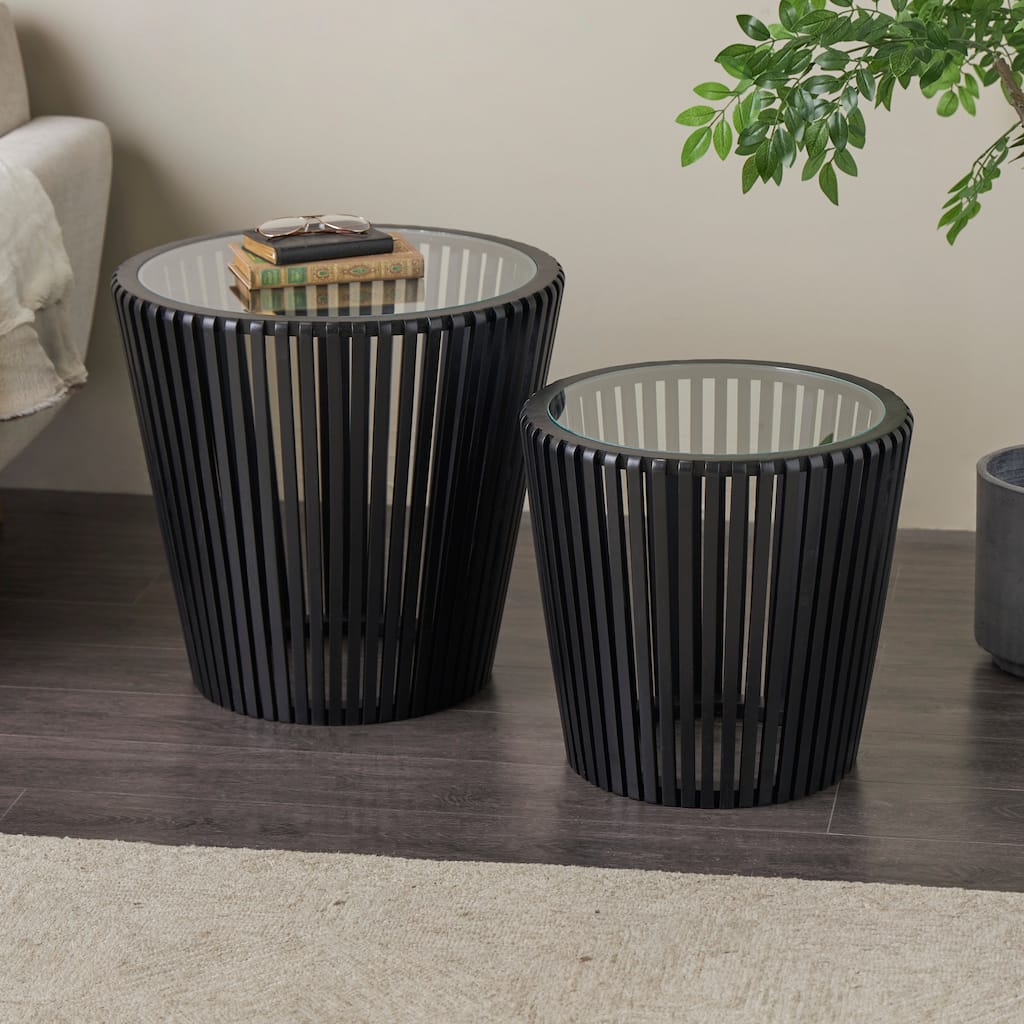 Black Wood Cage Inspired Side End Accent Table with Clear Glass Tabletop (Set of 2)