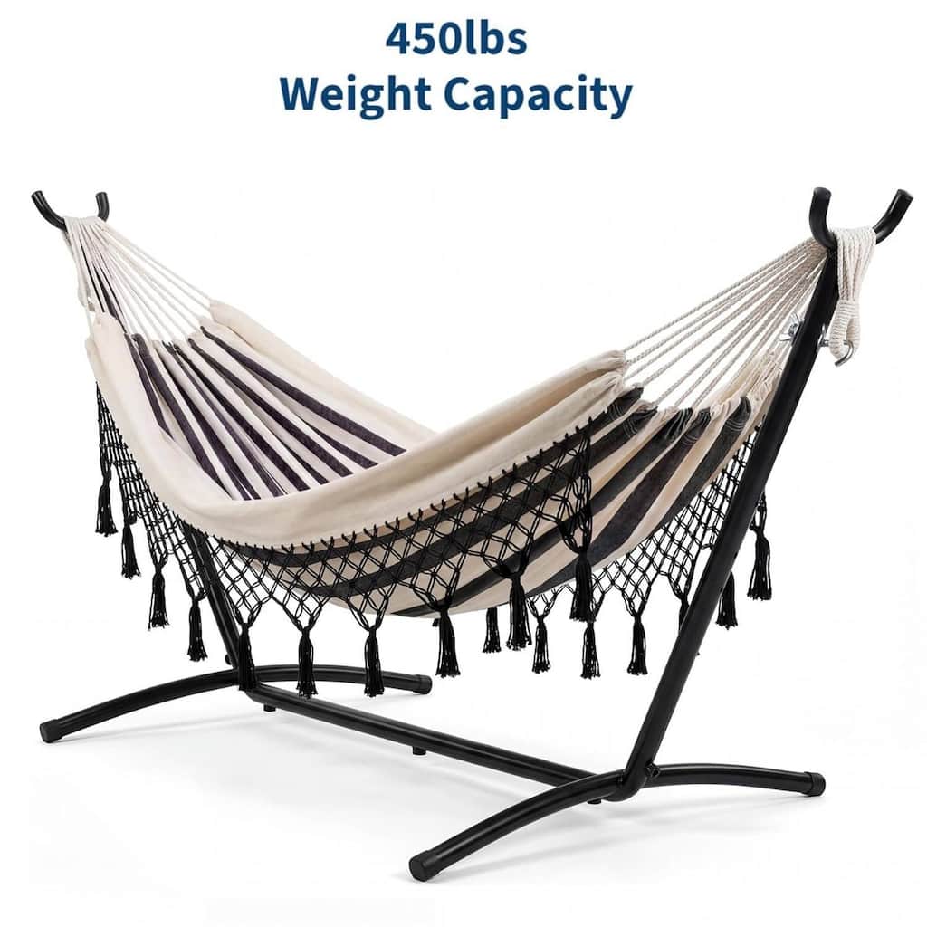 450 LBS Capacity Portable Double Hammock with Stand for Outdoor Patio Backyard Poolside - Beige Stripes