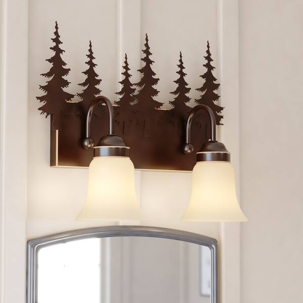 slide 2 of 12, Yosemite 2-Light 16.75 in. W Burnished Bronze Rustic Cabin Bathroom Vanity Lighting Fixture, Amber Flake Glass Shade, Tree Motif 16.75-in W x 13.75-in H x 7.75-in D - Burnished Bronze