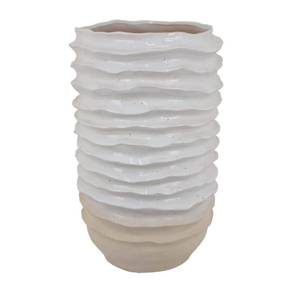 Accent Planter, Abstract Wave Coastal Design, 22 Inch White Ceramic