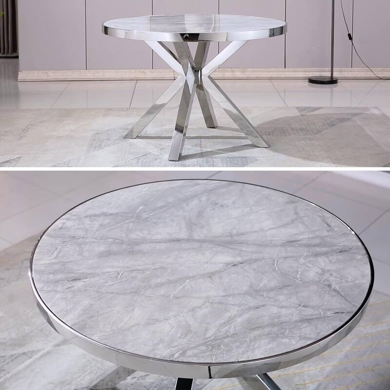 Round Dining Room Table with Silver Stainless Steel Metal Cross Base