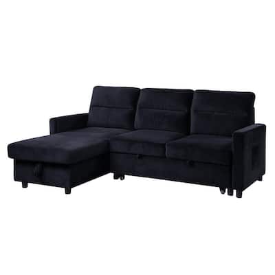 81.5" Black Velvet Sleeper Sectional Sofa with Storage Chaise & Side Pocket